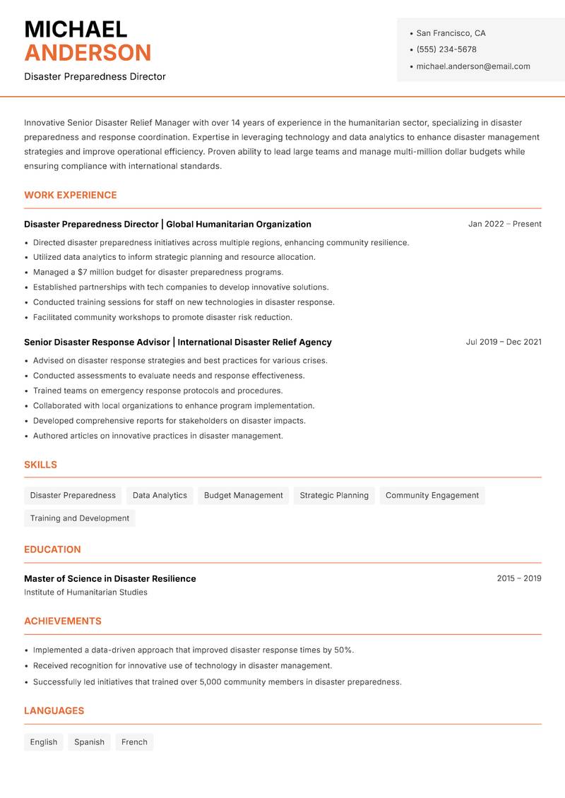 Senior Disaster Relief Manager resume template — Modern Professional