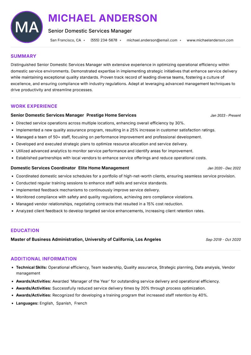 Senior Domestic Services Manager resume example — ATS-friendly template