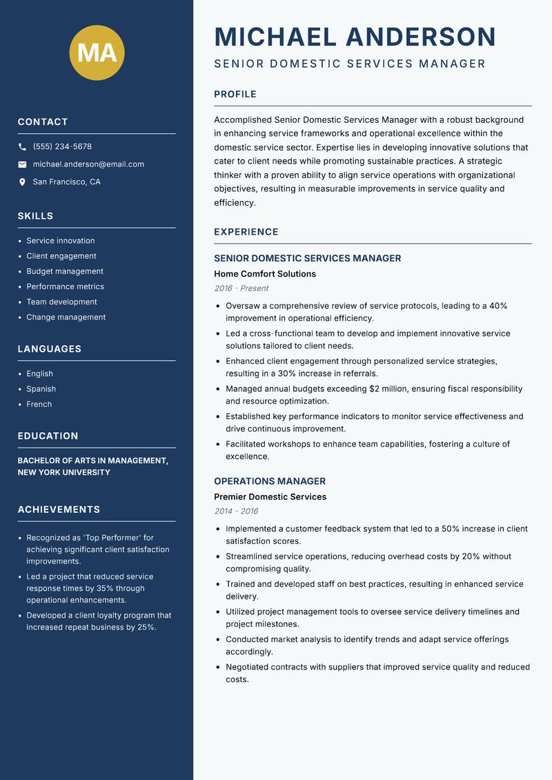 Senior Domestic Services Manager resume template — Classic Clean