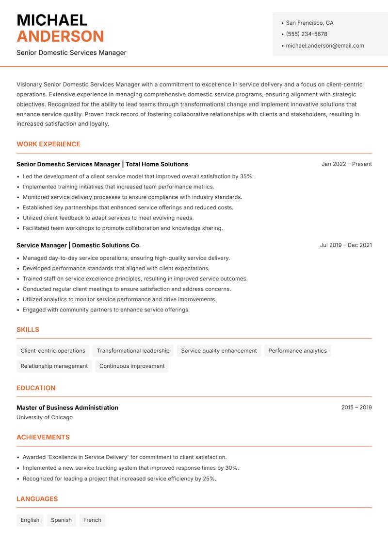 Senior Domestic Services Manager resume template — Modern Professional
