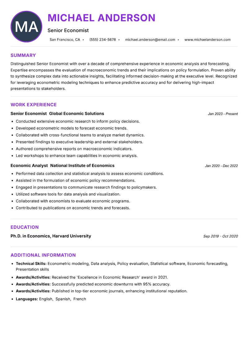 Senior Economist resume example — ATS-friendly template