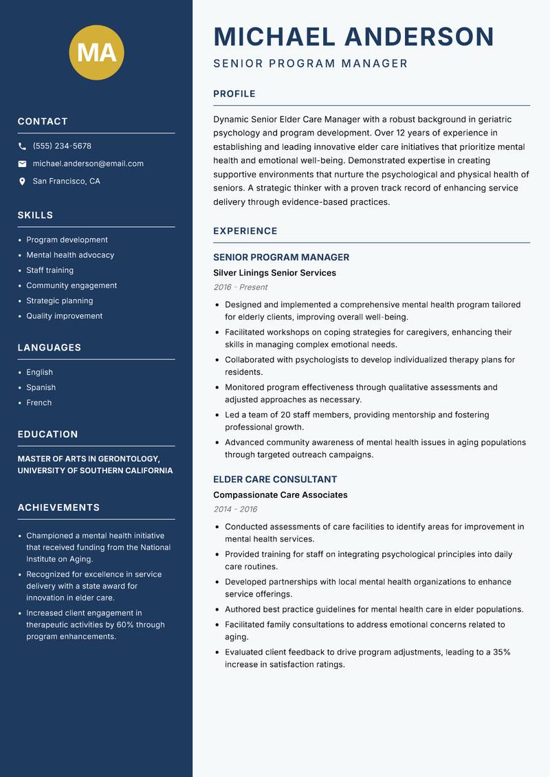 Senior Elder Care Manager resume template — Classic Clean