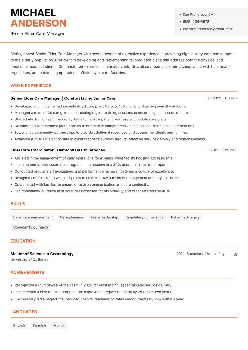 Senior Elder Care Manager resume template — Modern Professional