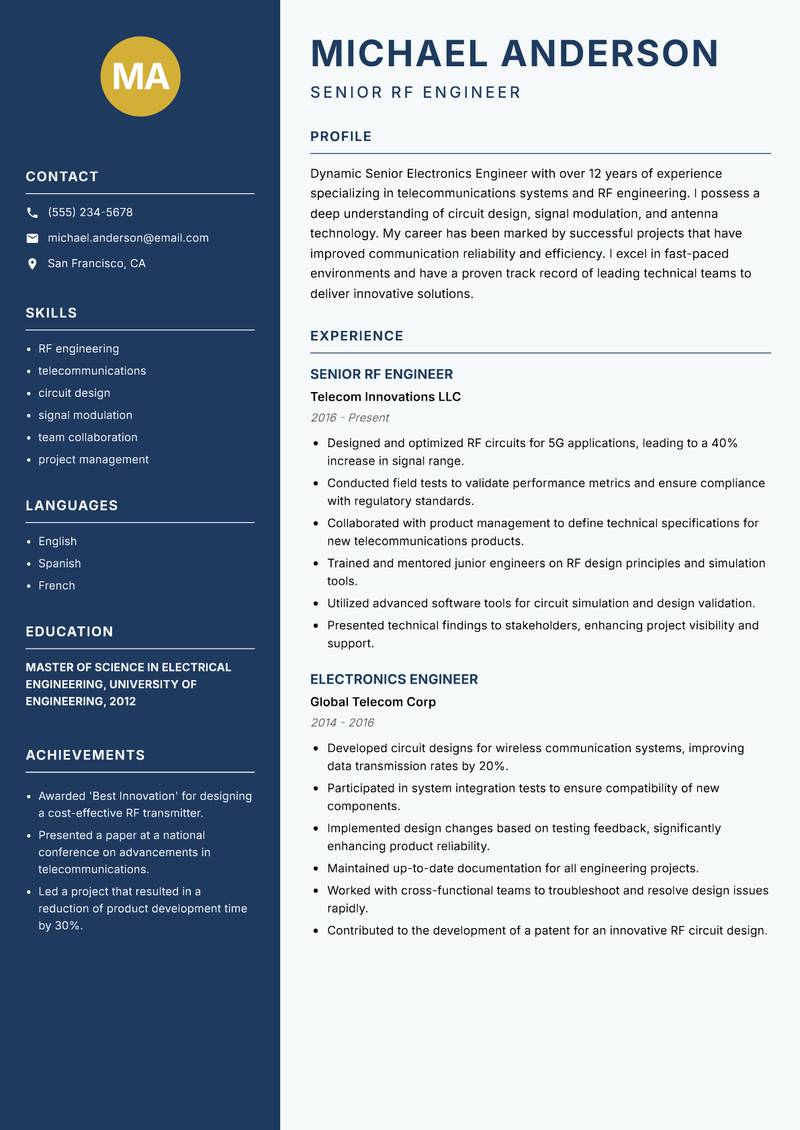 Senior Electronics Engineer resume template — Classic Clean