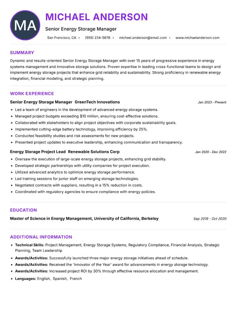 Senior Energy Storage Manager resume example — ATS-friendly template