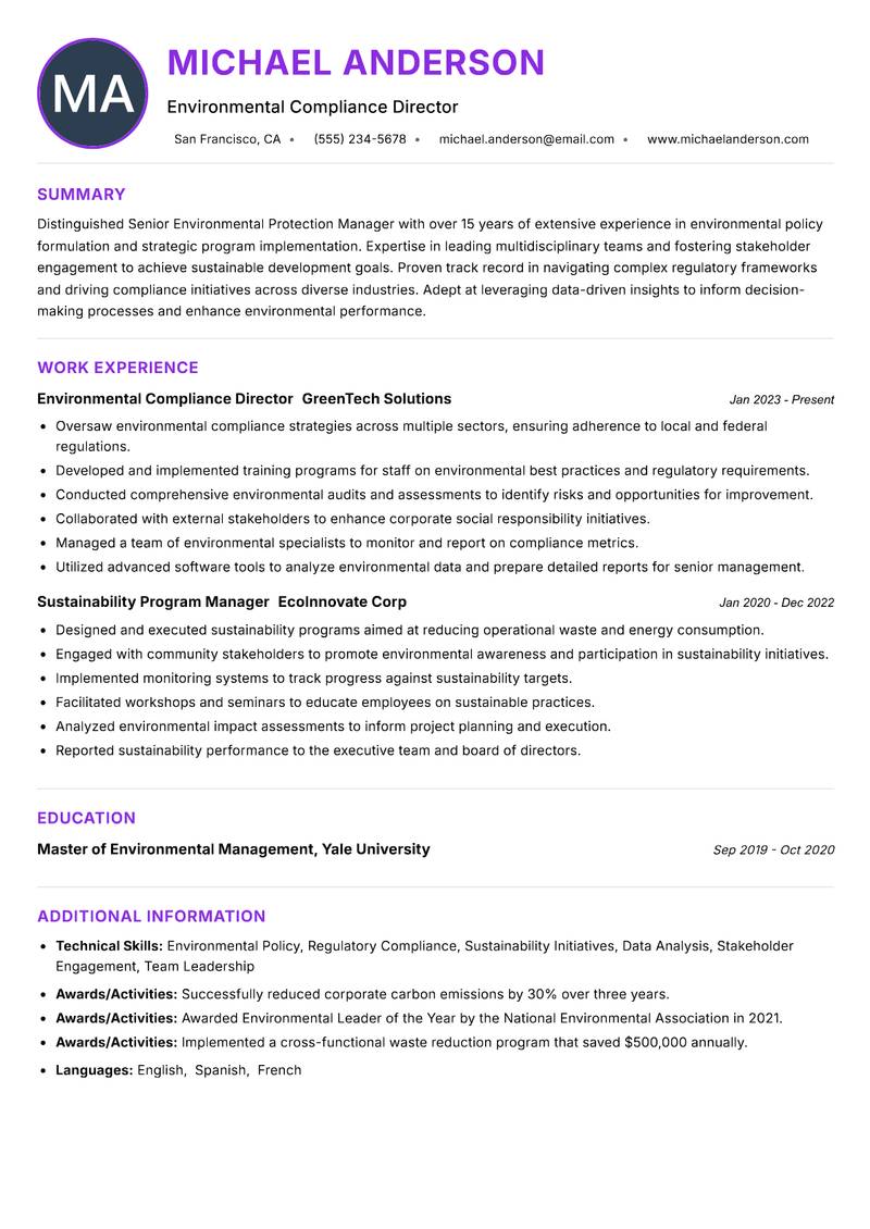 Senior Environmental Protection Manager resume example — ATS-friendly template