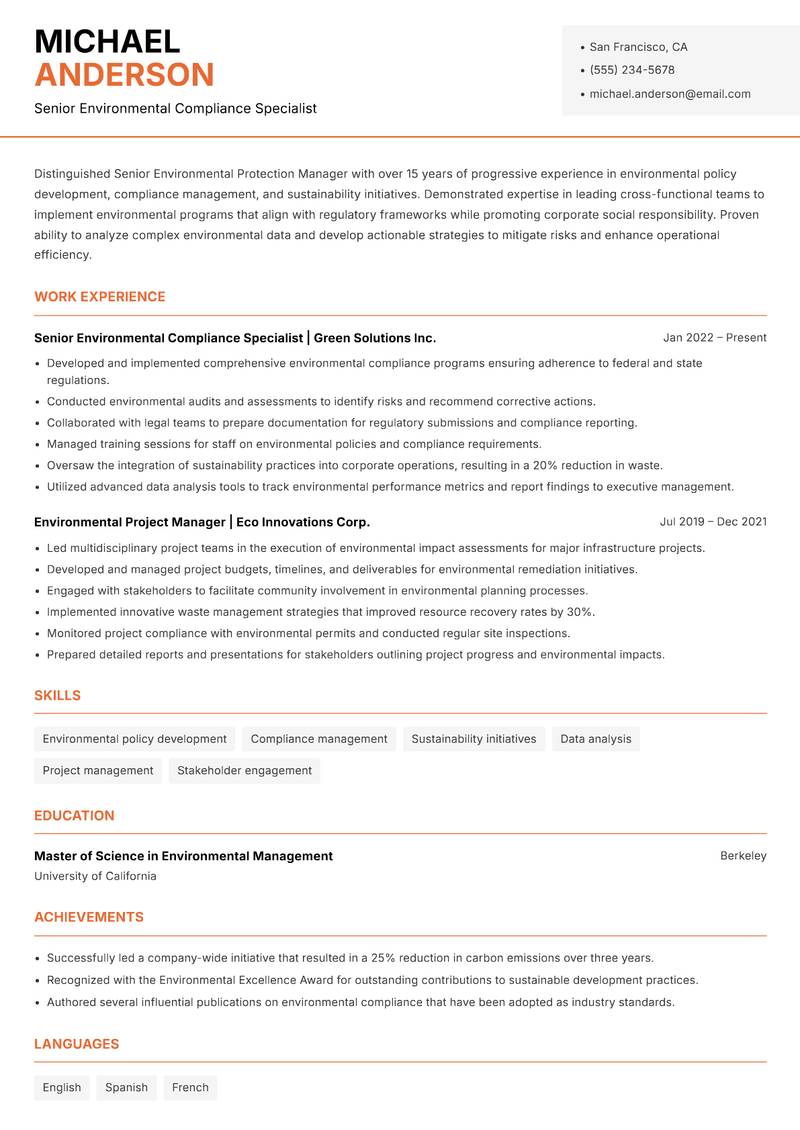 Senior Environmental Protection Manager resume template — Modern Professional