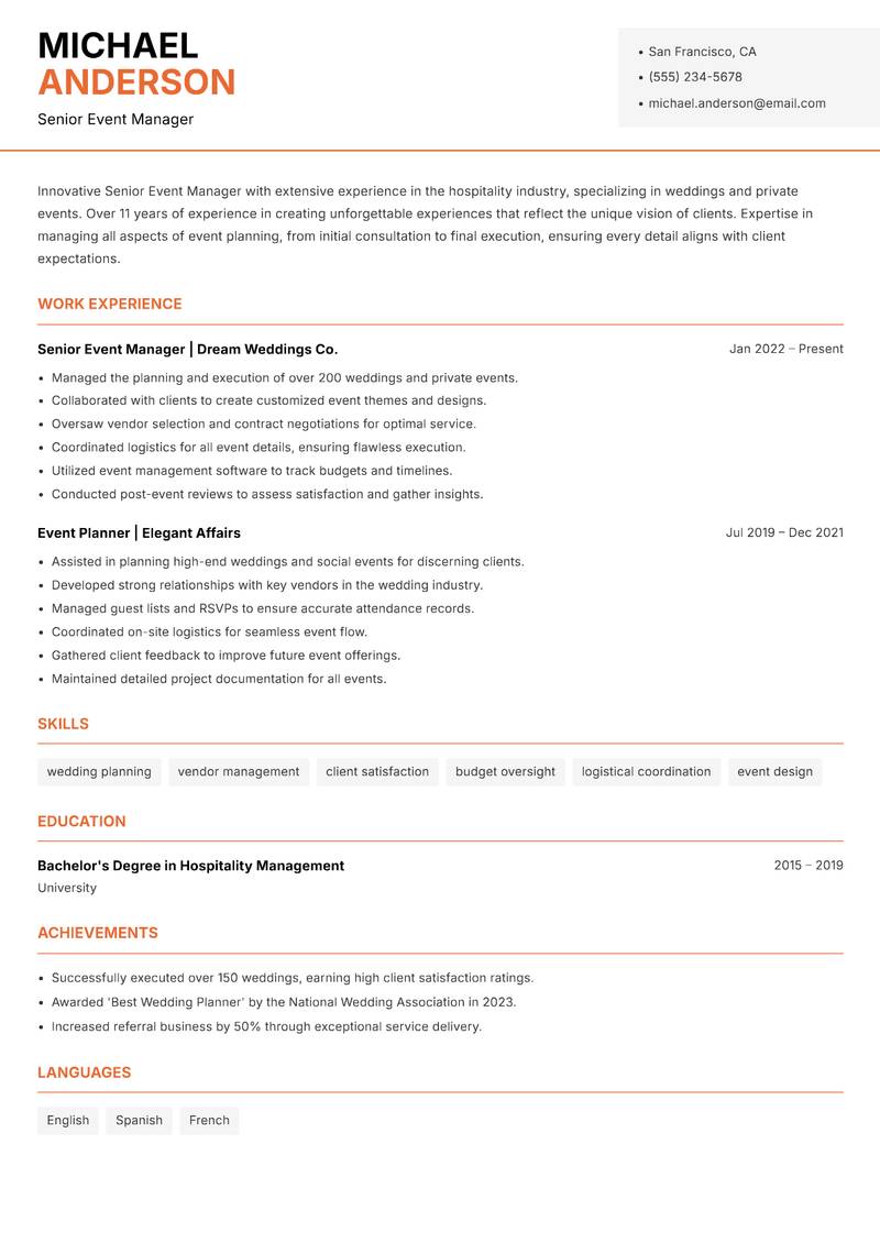 Senior Event Manager resume template — Modern Professional