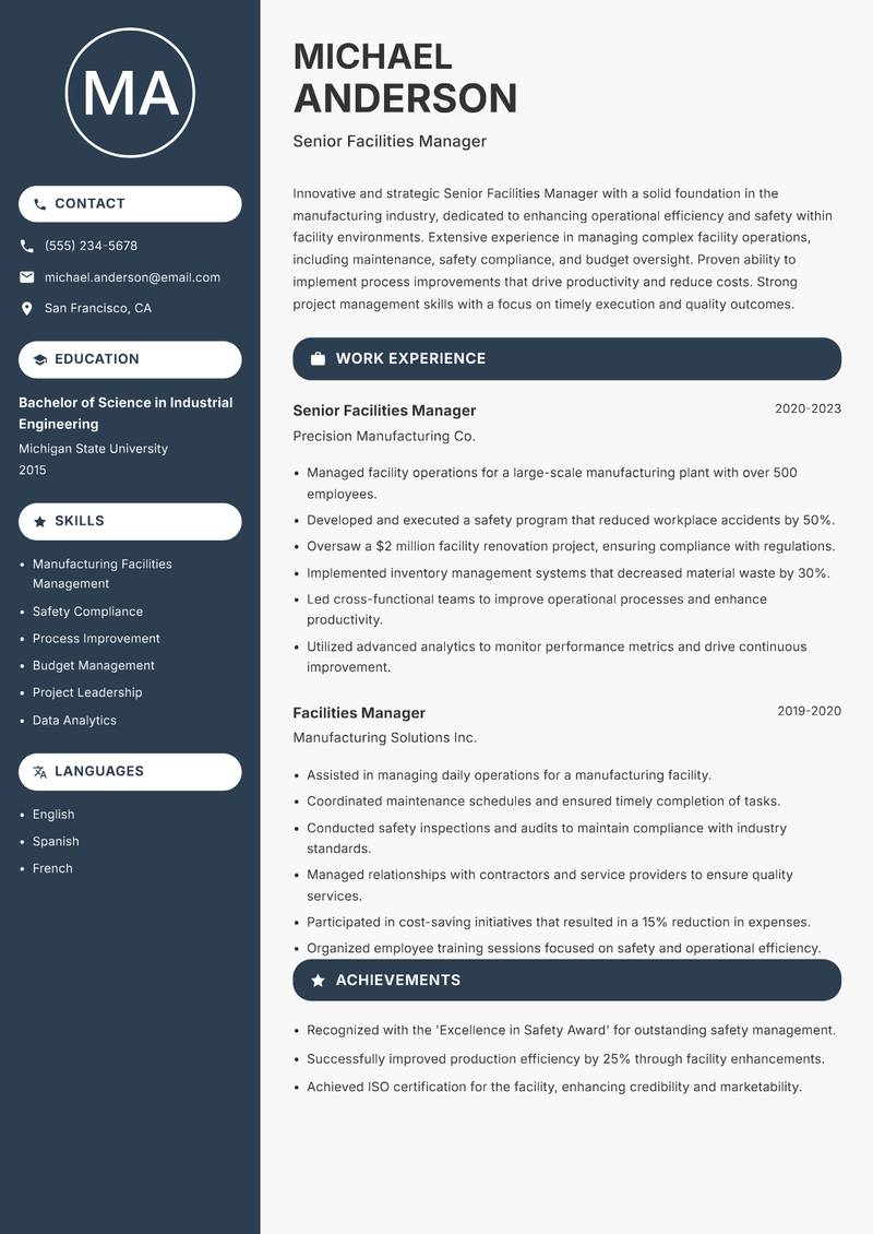 Senior Facilities Manager resume template — Compact