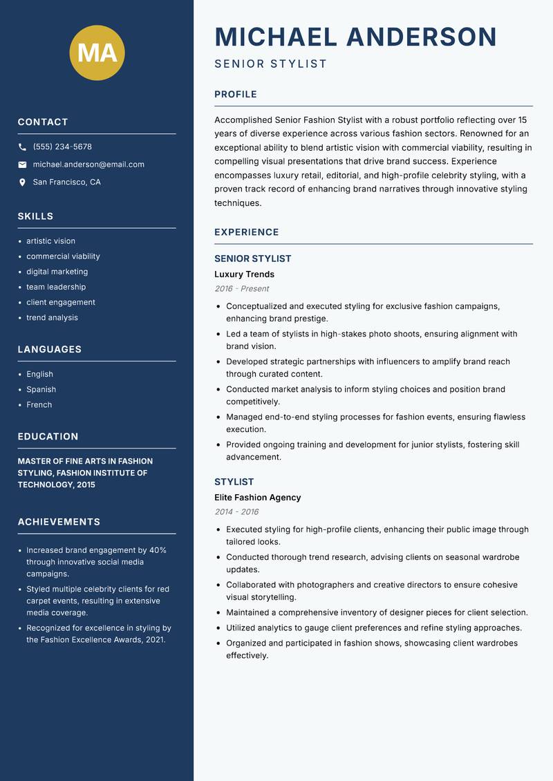Senior Fashion Stylist resume template — Classic Clean