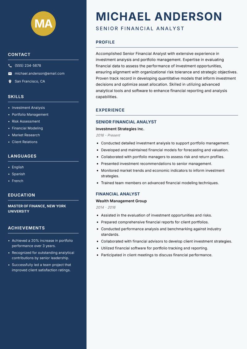 Senior Financial Analyst resume template — Classic Clean