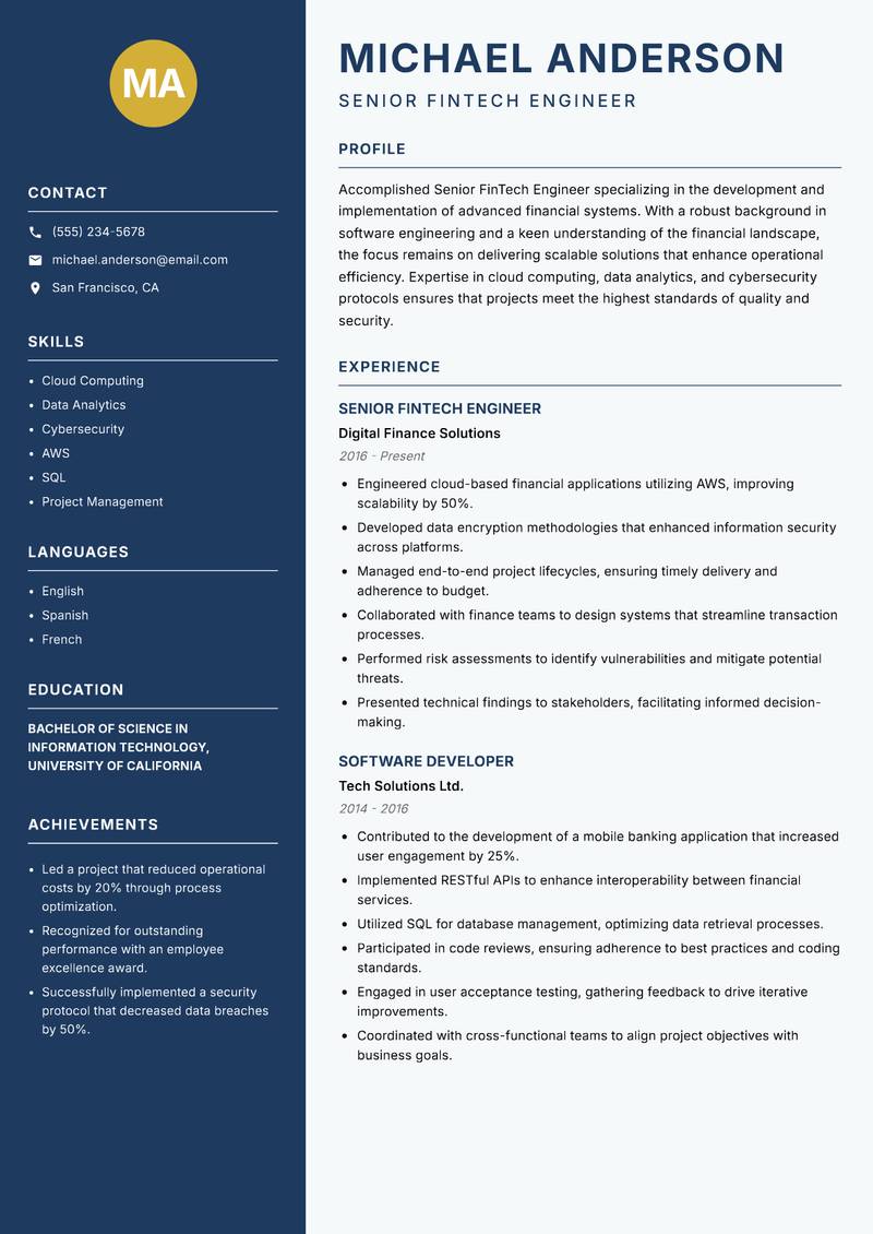 Senior FinTech Engineer resume template — Classic Clean