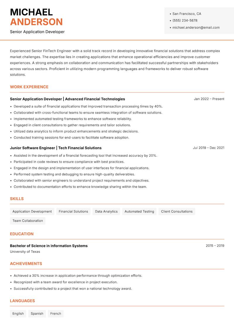 Senior FinTech Engineer resume template — Modern Professional