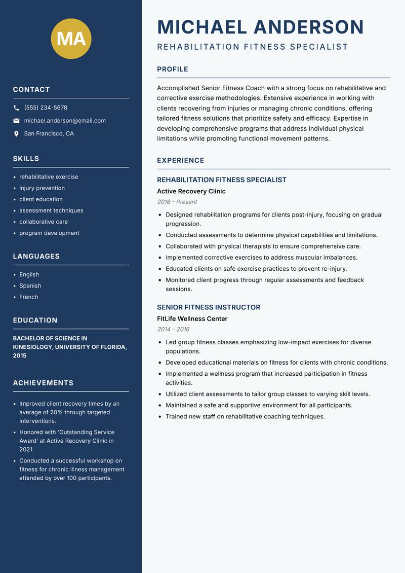 Senior Fitness Coach resume template — Classic Clean