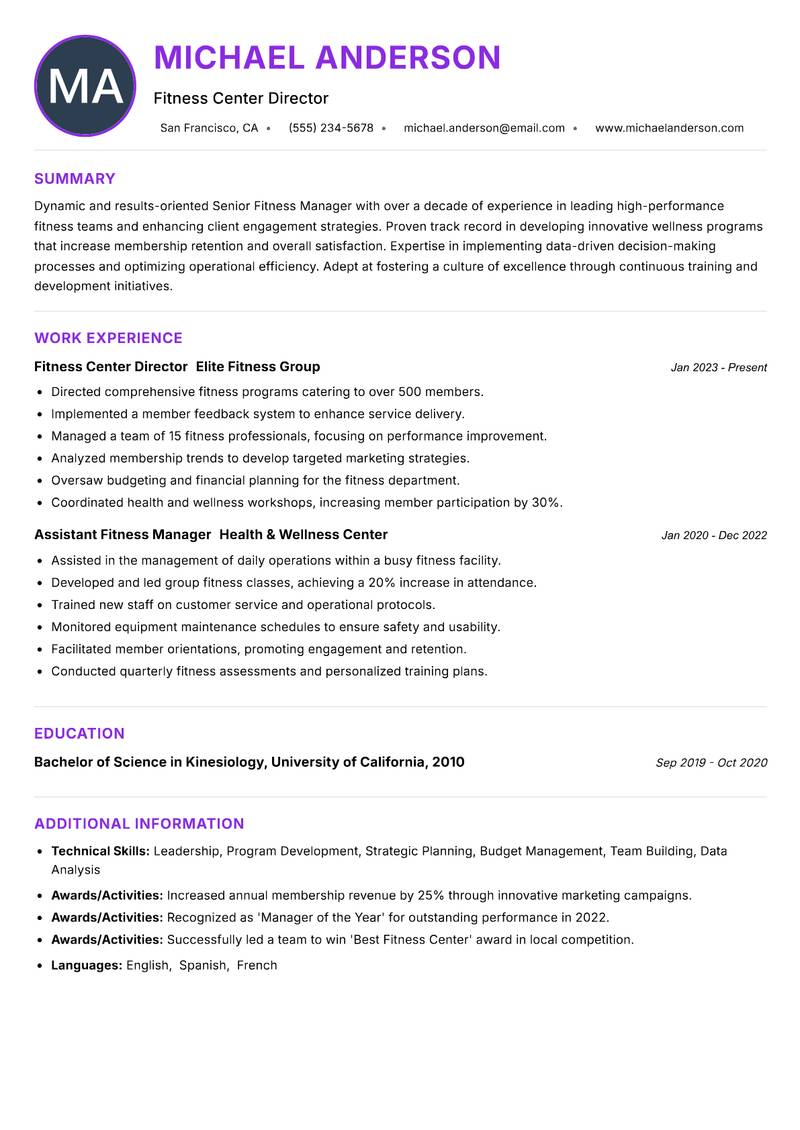 Senior Fitness Manager resume example — ATS-friendly template