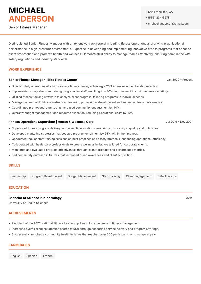Senior Fitness Manager resume template — Modern Professional