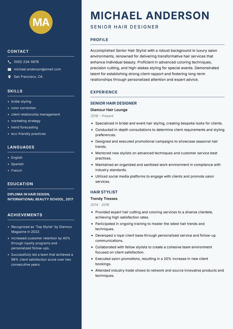 Senior Hair Stylist resume template — Classic Clean