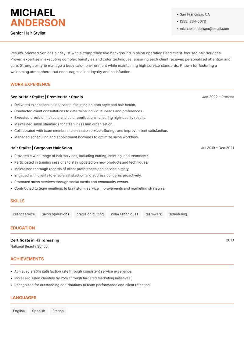 Senior Hair Stylist resume template — Modern Professional