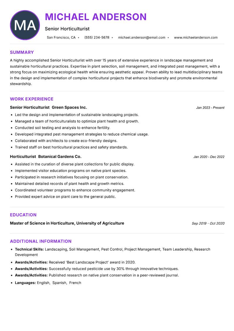 Senior Horticulturist resume example — ATS-friendly template