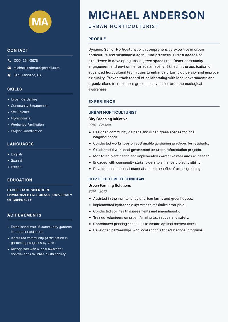 Senior Horticulturist resume template — Classic Clean