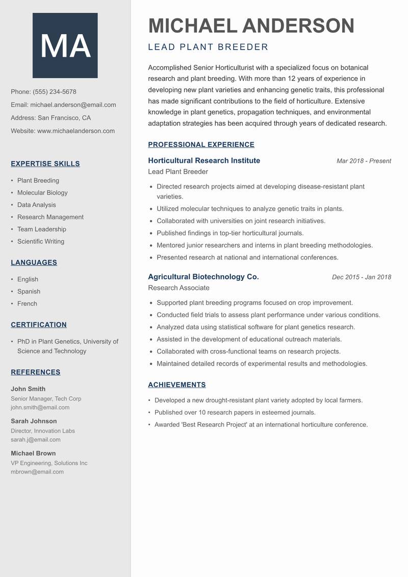 Senior Horticulturist resume template — Creative Minimal