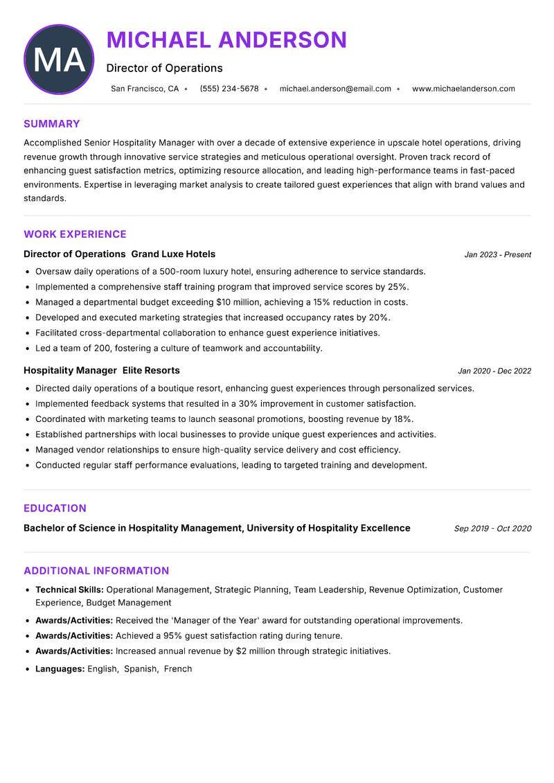 Senior Hospitality Manager resume example — ATS-friendly template