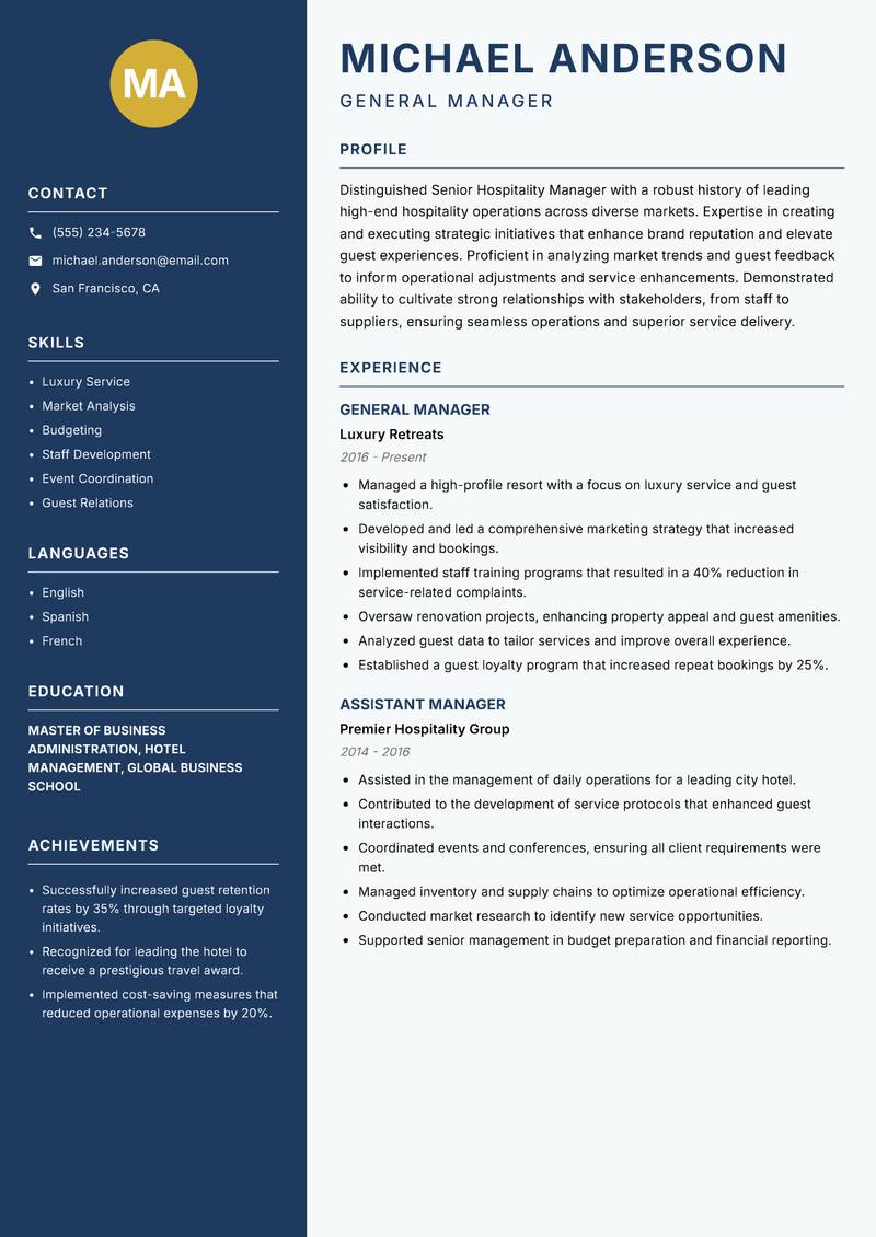 Senior Hospitality Manager resume template — Classic Clean