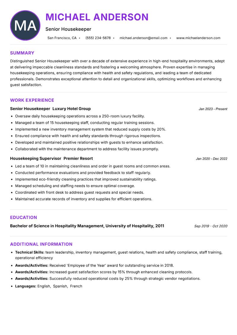 Senior Housekeeper resume example — ATS-friendly template