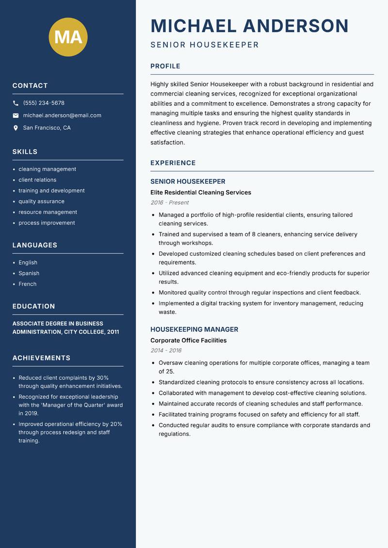 Senior Housekeeper resume template — Classic Clean