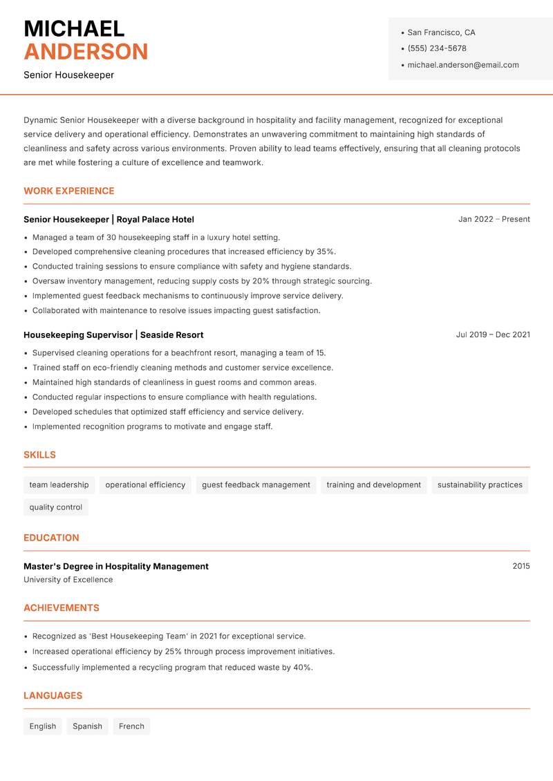 Senior Housekeeper resume template — Modern Professional