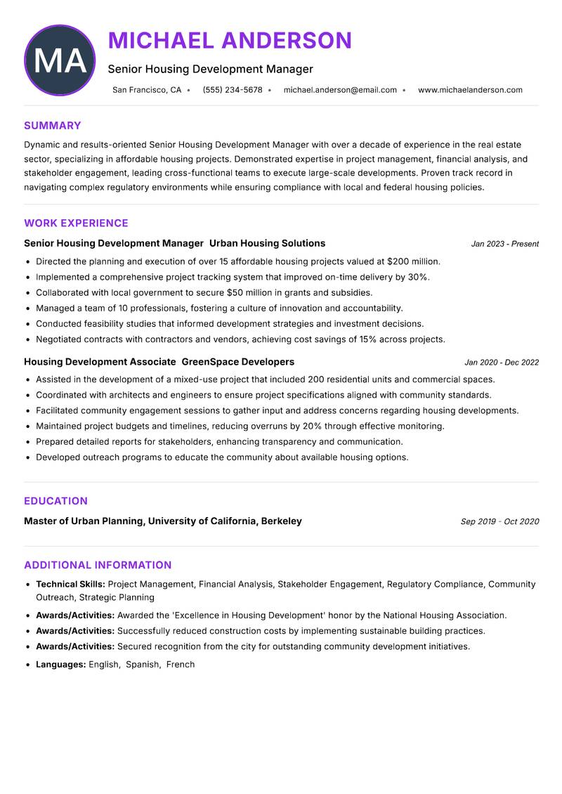 Senior Housing Development Manager resume example — ATS-friendly template