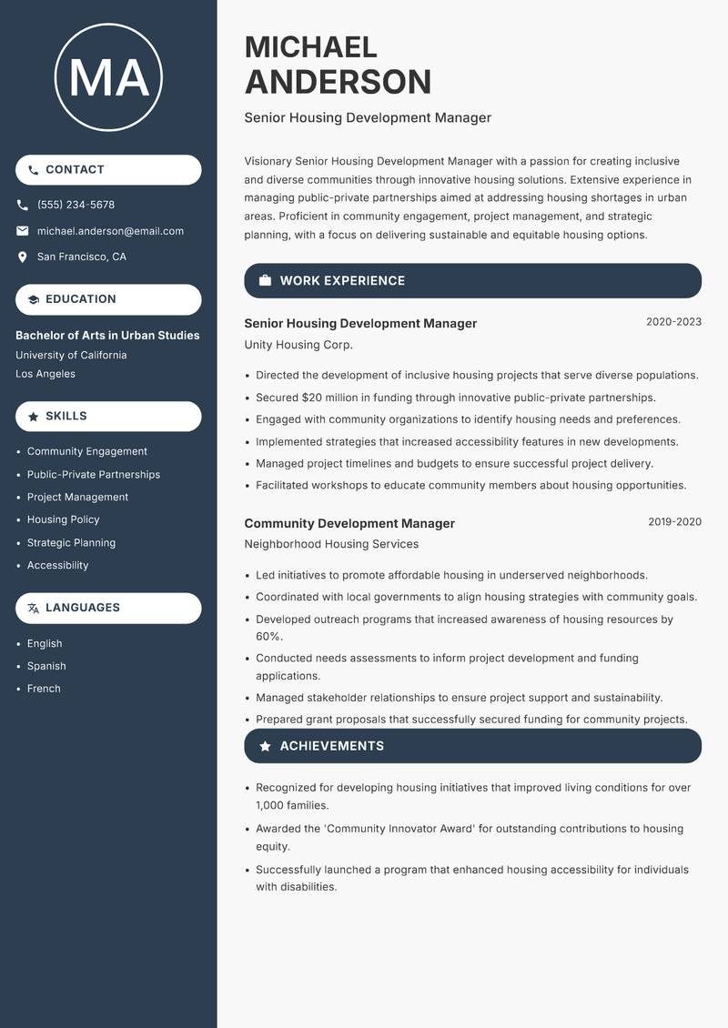 Senior Housing Development Manager resume template — Compact