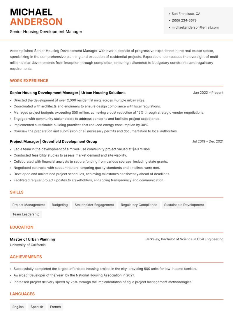 Senior Housing Development Manager resume template — Modern Professional