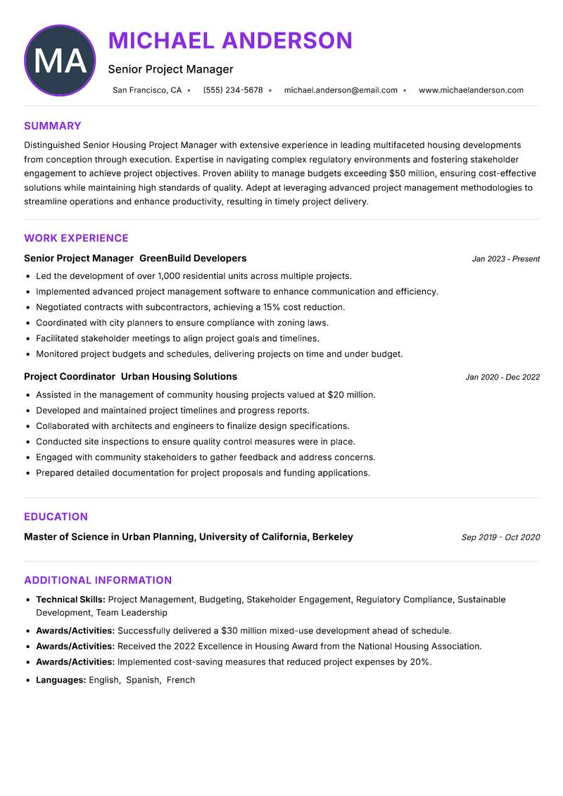 Senior Housing Project Manager resume example — ATS-friendly template