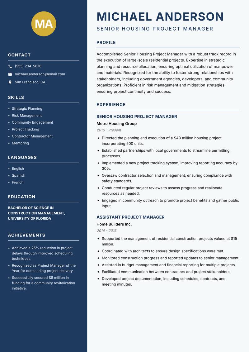 Senior Housing Project Manager resume template — Classic Clean