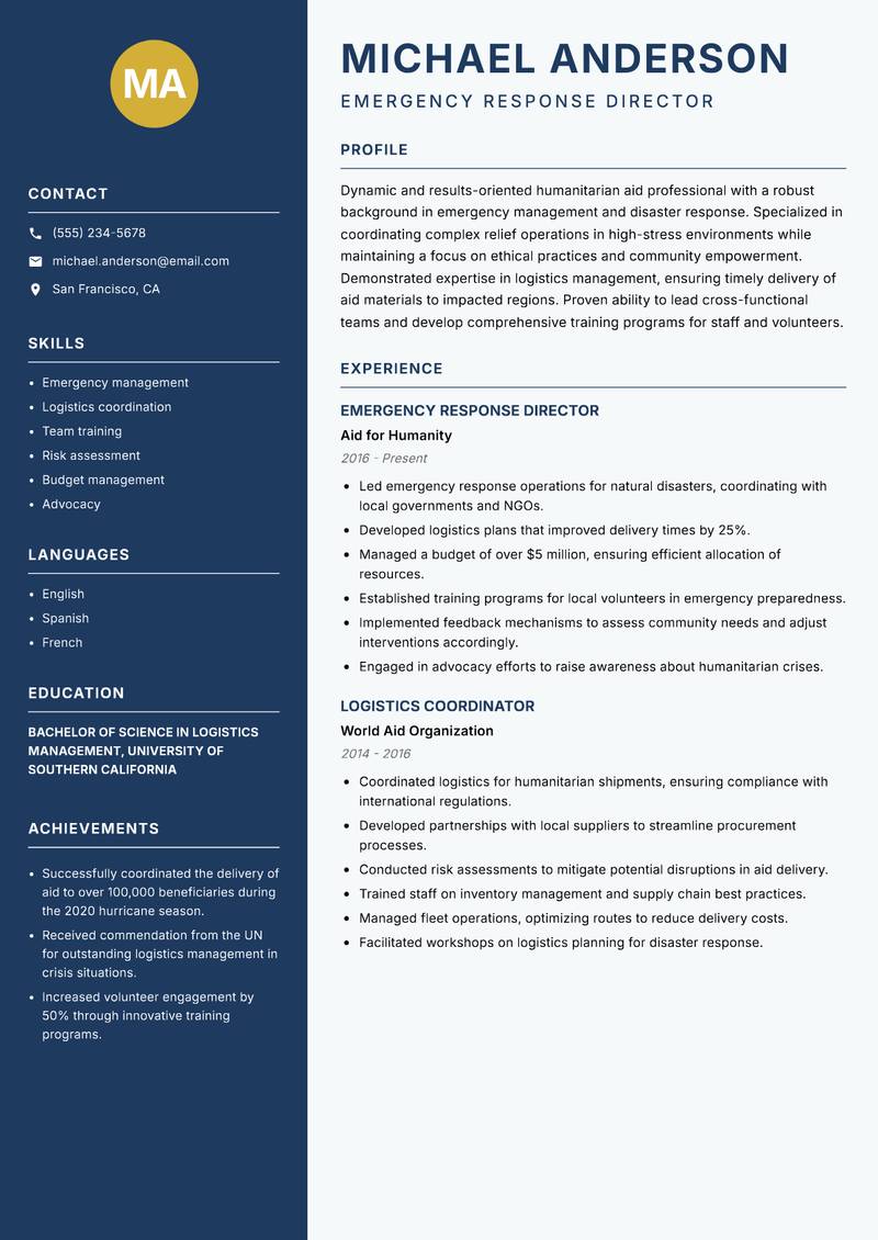 Senior Humanitarian Aid Manager resume template — Classic Clean