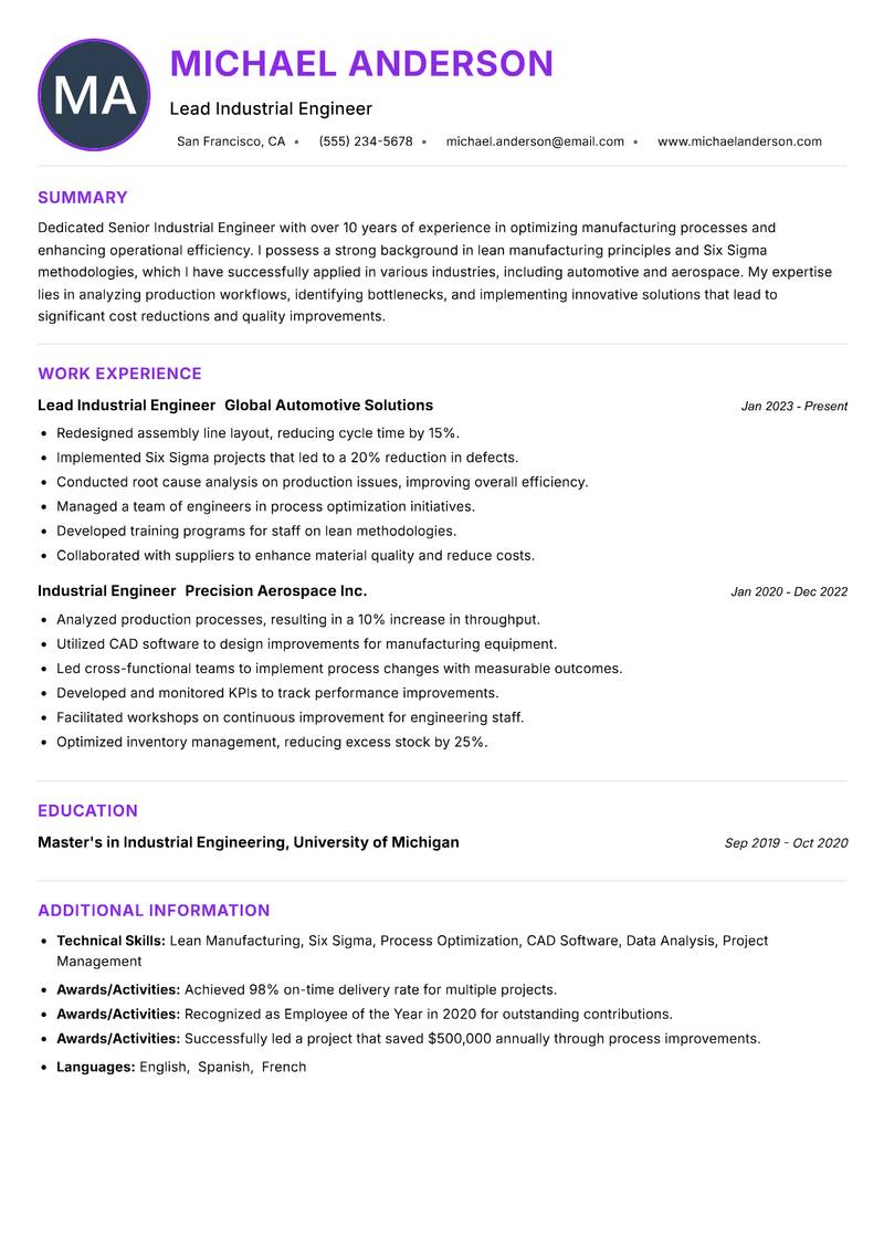 Senior Industrial Engineer resume example — ATS-friendly template