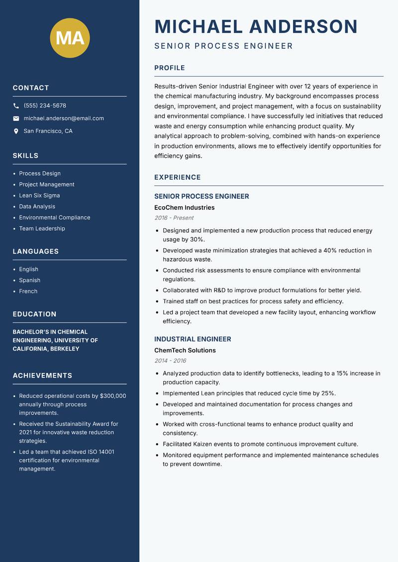 Senior Industrial Engineer resume template — Classic Clean