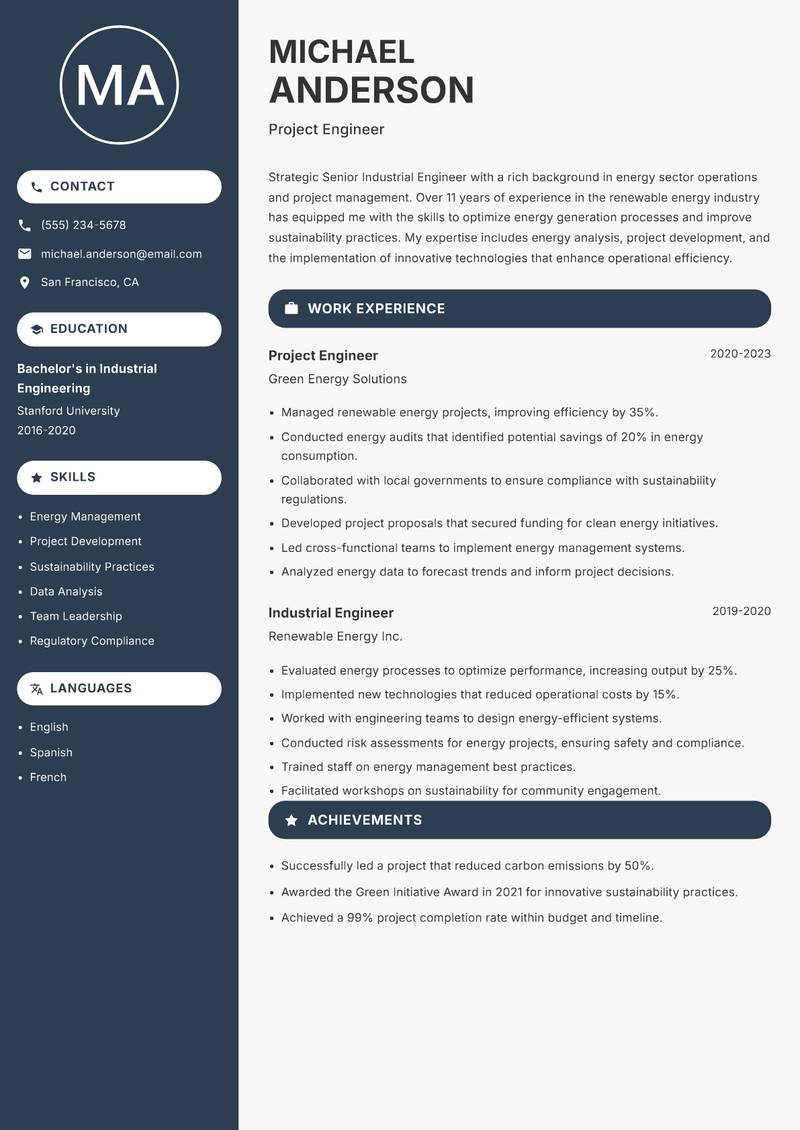 Senior Industrial Engineer resume template — Compact
