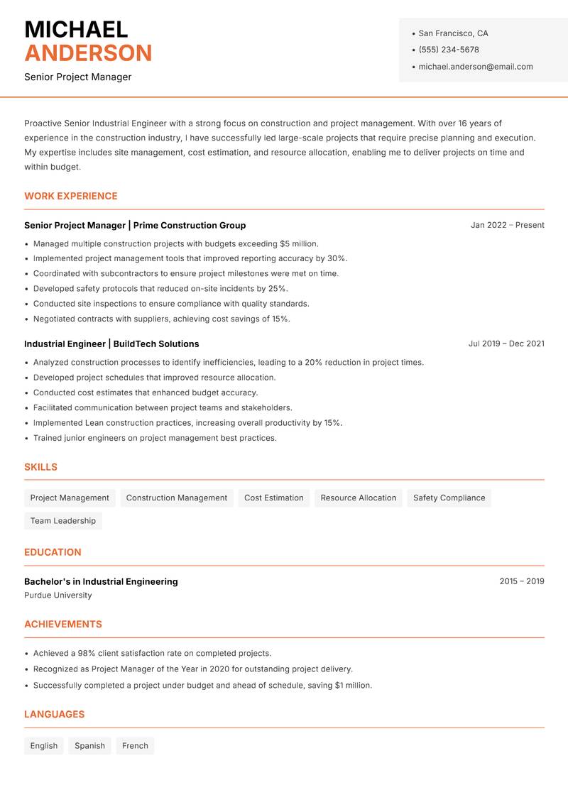 Senior Industrial Engineer resume template — Modern Professional
