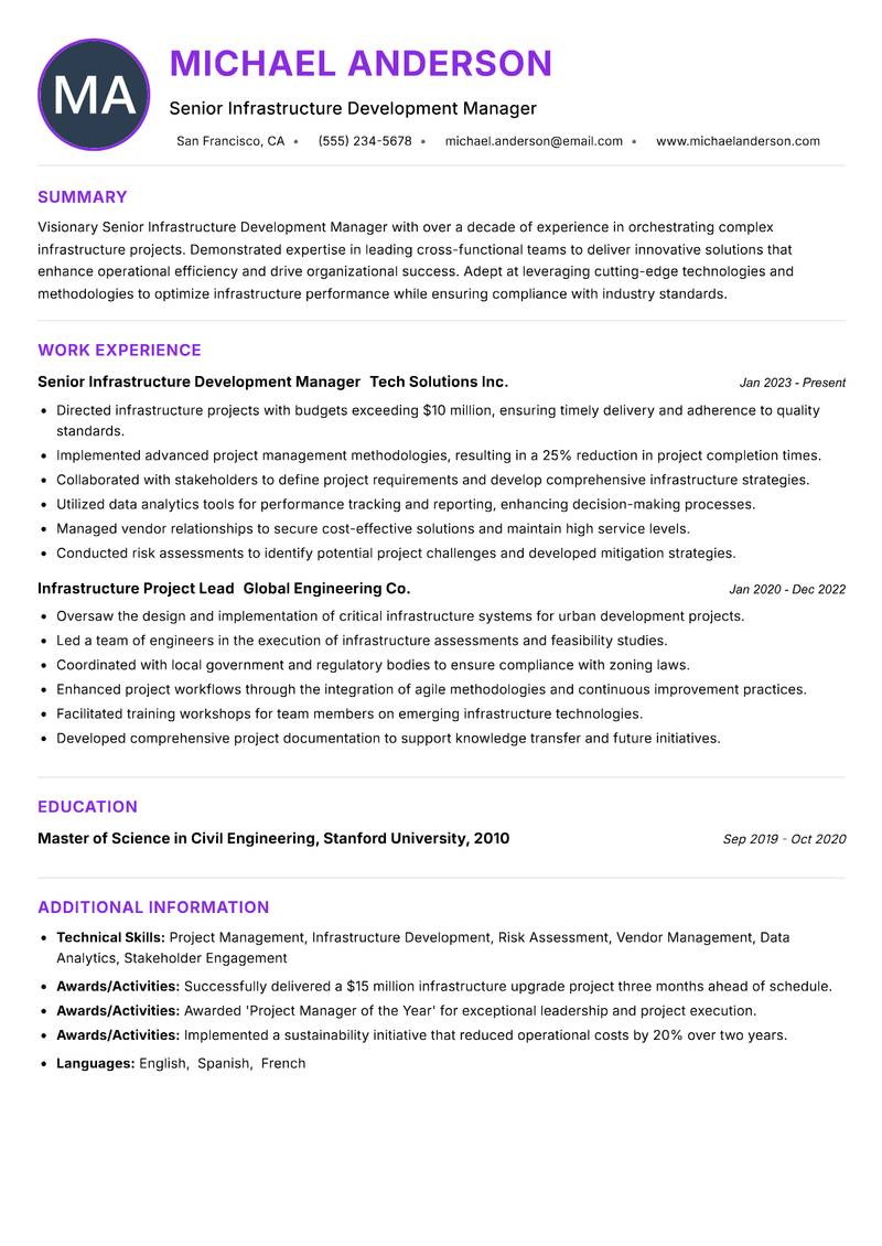 Senior Infrastructure Development Manager resume example — ATS-friendly template