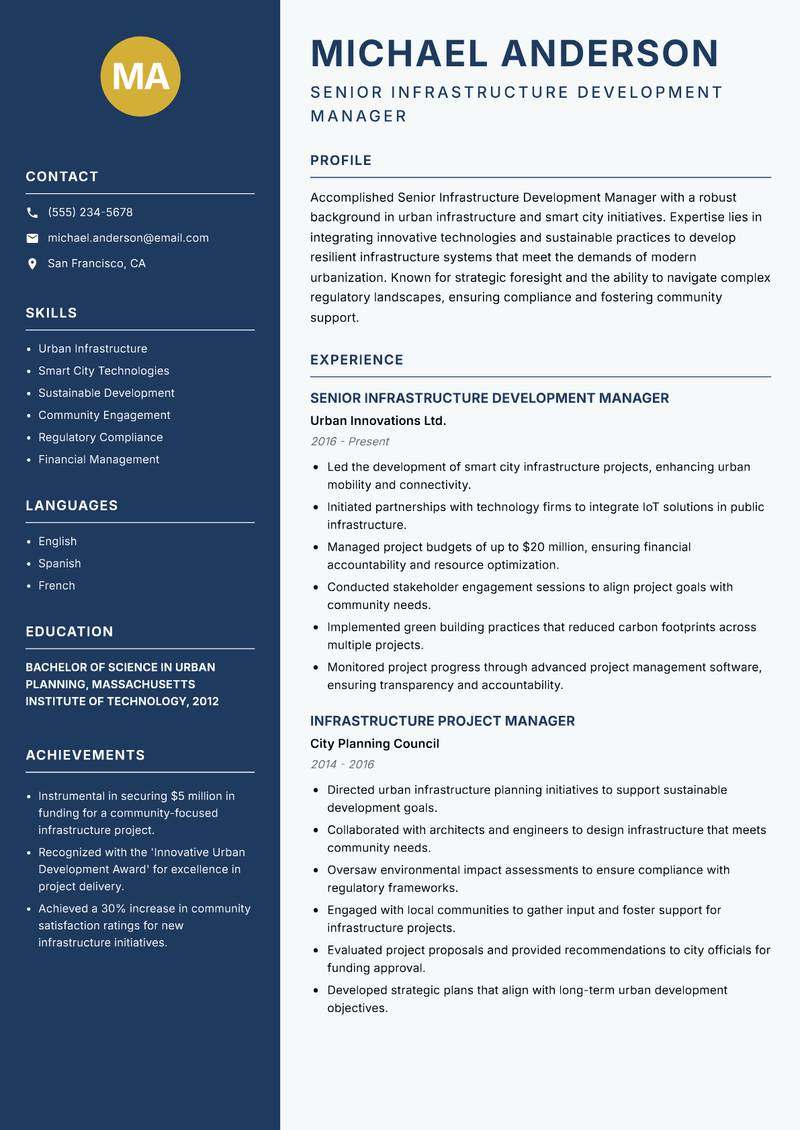 Senior Infrastructure Development Manager resume template — Classic Clean