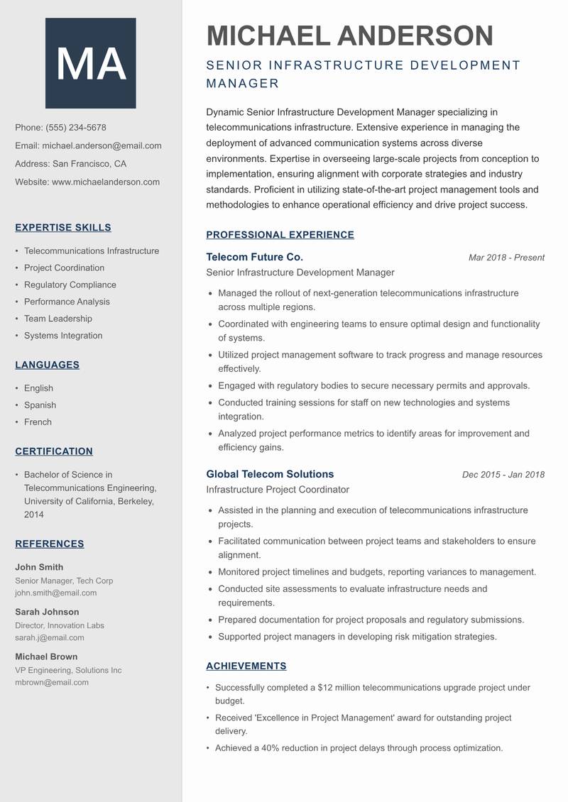 Senior Infrastructure Development Manager resume template — Creative Minimal