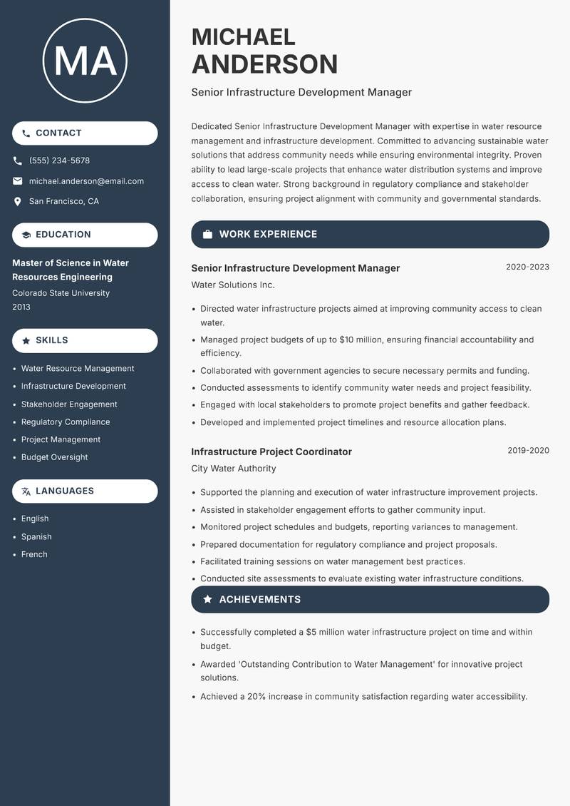 Senior Infrastructure Development Manager resume template — Compact