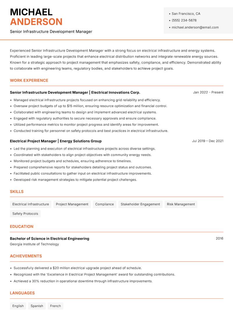 Senior Infrastructure Development Manager resume template — Modern Professional