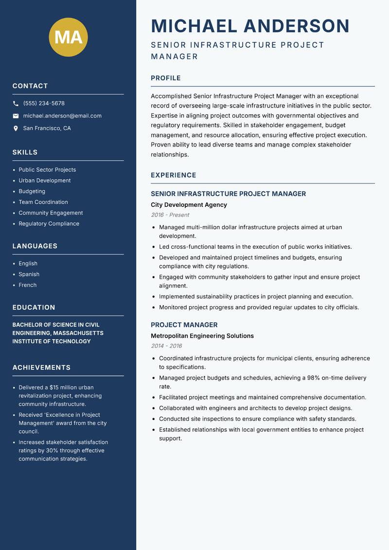 Senior Infrastructure Project Manager resume template — Classic Clean