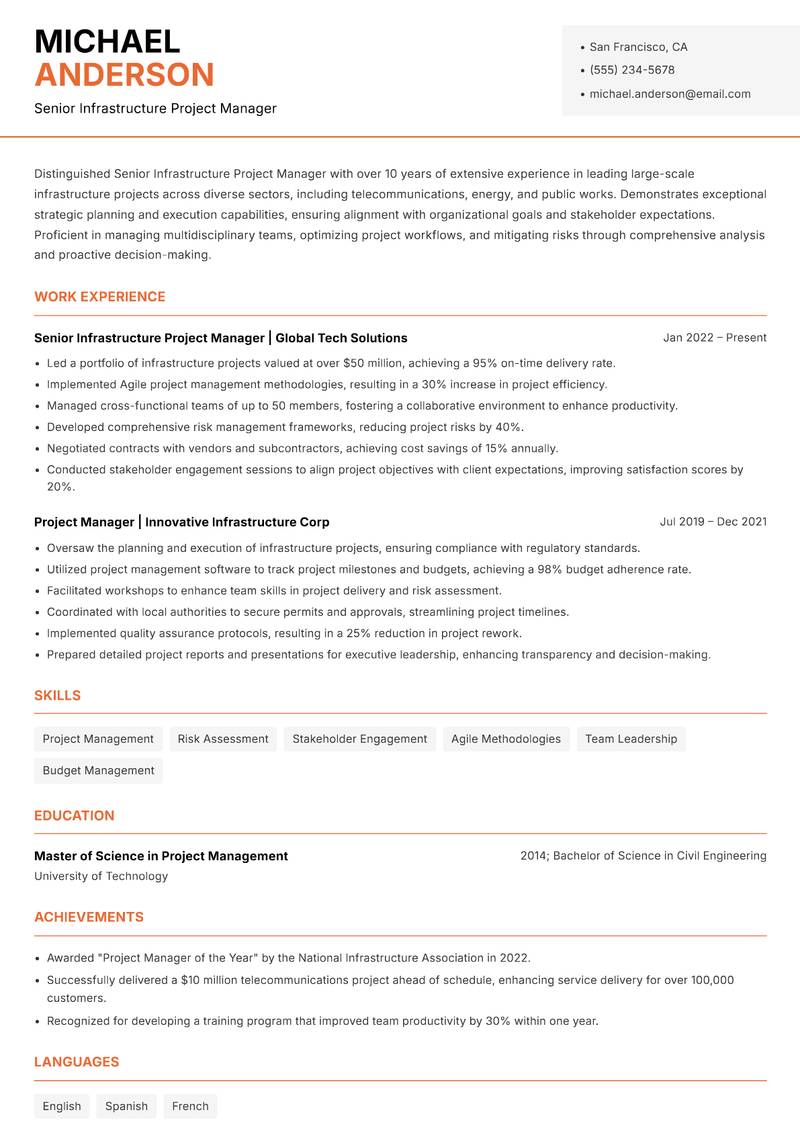 Senior Infrastructure Project Manager resume template — Modern Professional