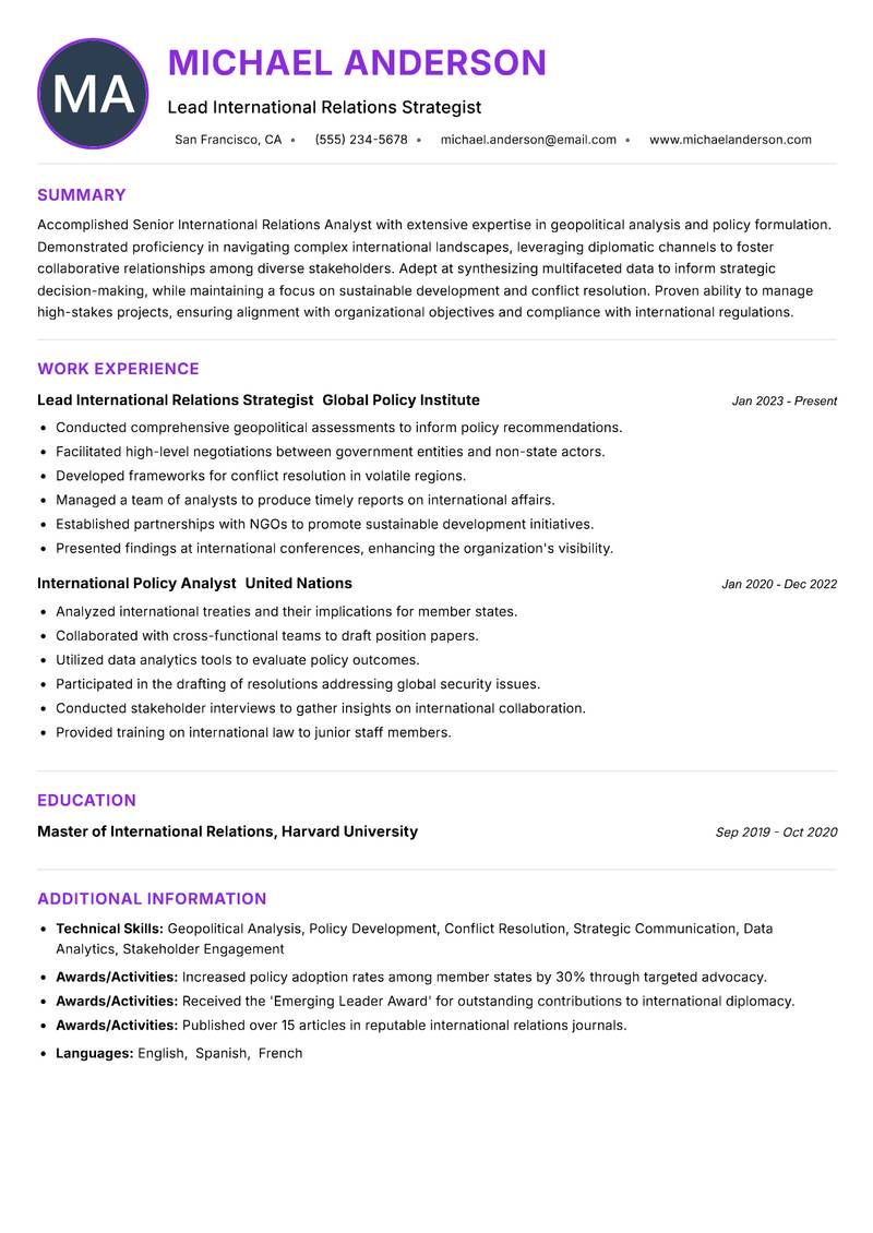 Senior International Relations Analyst resume example — ATS-friendly template