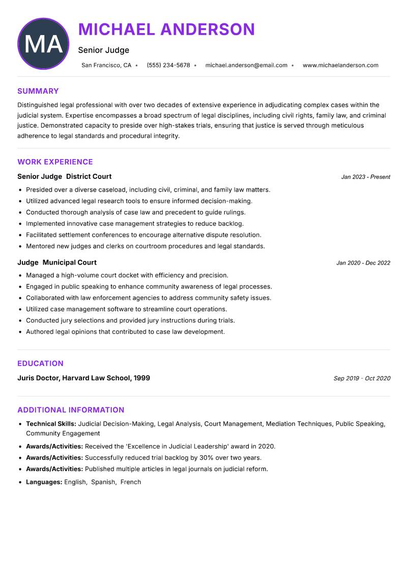 Senior Judge resume example — ATS-friendly template