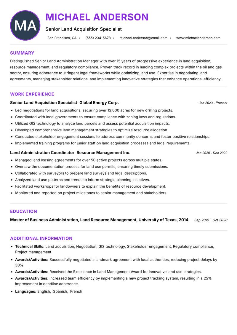 Senior Land Administration Manager resume example — ATS-friendly template